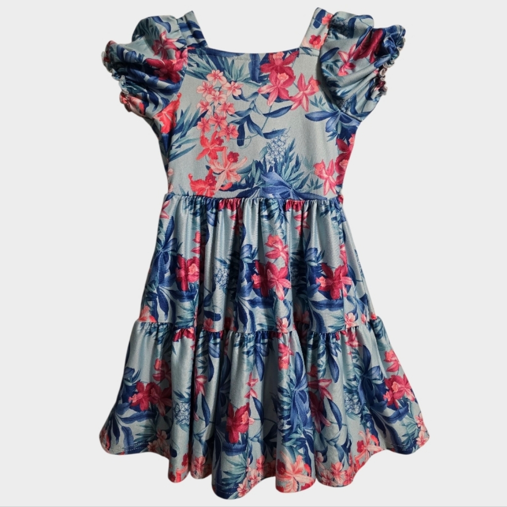 Tommy Bahama Dress Girls 4T Toddler Blue Multi Tiered Puff Sleeve Logo Tropical - Picture 7 of 9